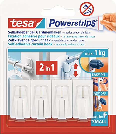 tesa Powerstrips Vario-Gardinenhaken / Selbstklebende Gardinenhaken von tesa - wieder ablösbar und mehrfach verwendbar / Bis 1 kg Belastung / 1 x 4 Stück / Weiß